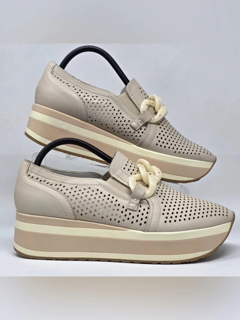 Dolce Vita Beige Perforated Platform Loafers with Cream Chain